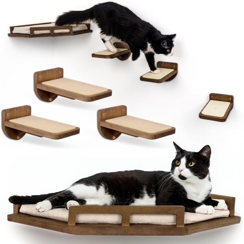 INICIO Cat Wall Shelves - Modern and Durable 3 Step Cat Furniture for Wall - Stylish Birch Floating Shelf for Cats up to 15lbs - Wooden Corner Shelves with Cushioned Perch - Brown - Image 1